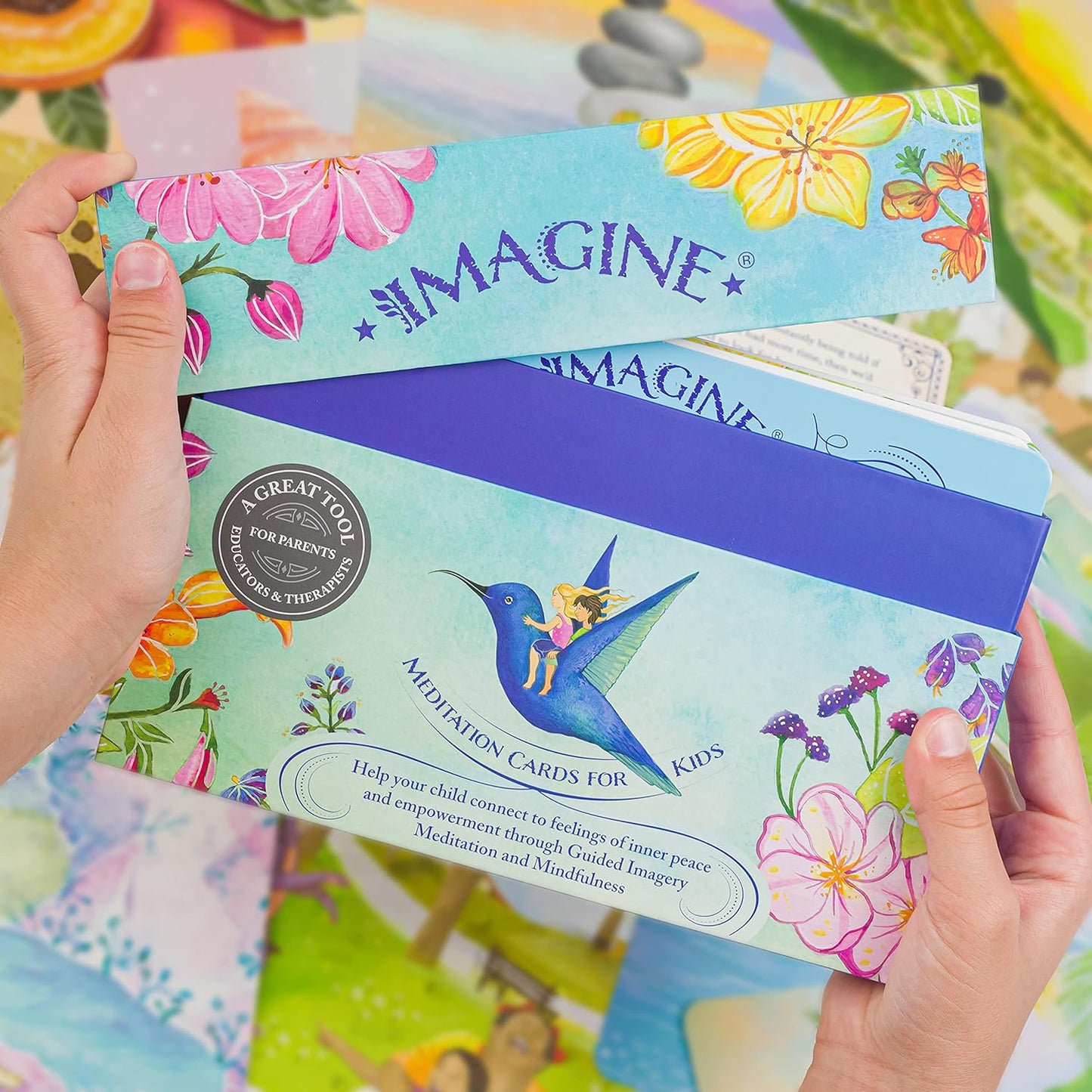 Imagine Meditation Cards for Kids - Award-Winning Mindfulness kit of XL Cards with Calming Guided Meditations for Empowerment, Focus and Relaxation. Great for Parents, Teachers and Therapists.